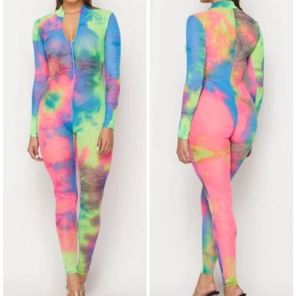 Long Sleeve Multi Neon Color Tie Dye Mesh Jumpsuit - Picture 3 of 8